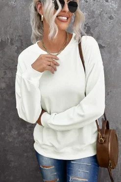 Best Dear-Lover Plain Crew Neck Pullover Sweatshirt Beige