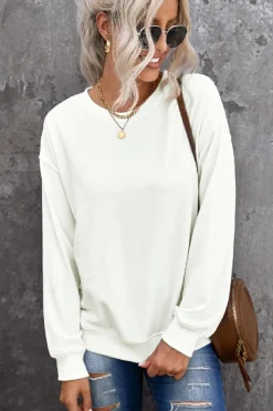 Best Dear-Lover Plain Crew Neck Pullover Sweatshirt Beige