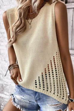 Sale Dear-Lover Pointelle Detail Solid Color Knit Sweater Vest Beige