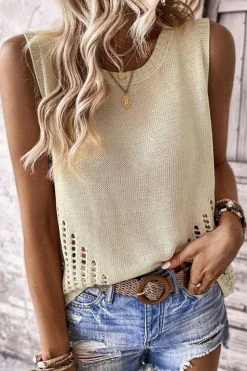 Sale Dear-Lover Pointelle Detail Solid Color Knit Sweater Vest Beige