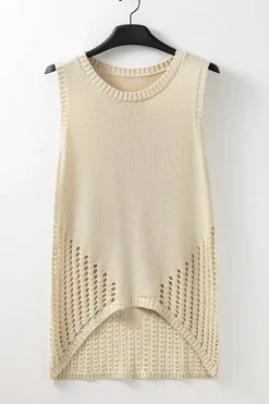Sale Dear-Lover Pointelle Detail Solid Color Knit Sweater Vest Beige
