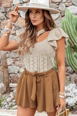 Online Dear-Lover Pointelle Knit Flutter Sleeve Sweater Beige