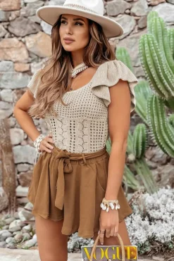 Online Dear-Lover Pointelle Knit Flutter Sleeve Sweater Beige