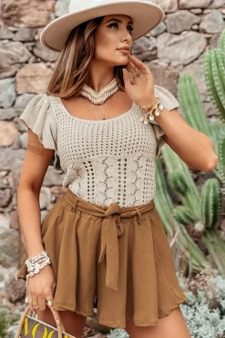 Online Dear-Lover Pointelle Knit Flutter Sleeve Sweater Beige