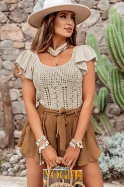 Online Dear-Lover Pointelle Knit Flutter Sleeve Sweater Beige