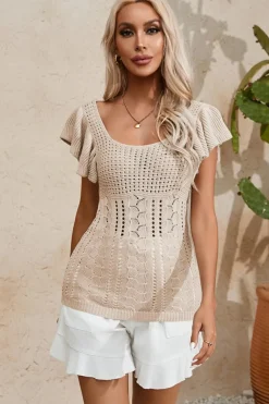 Online Dear-Lover Pointelle Knit Flutter Sleeve Sweater Beige