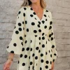 Clearance Dear-Lover Polka Dot Printed Surplice V Neck Puff Sleeve Mini Dress Beige