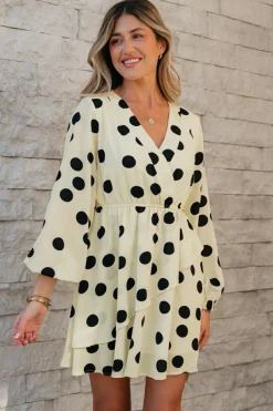 Clearance Dear-Lover Polka Dot Printed Surplice V Neck Puff Sleeve Mini Dress Beige