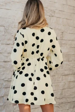 Clearance Dear-Lover Polka Dot Printed Surplice V Neck Puff Sleeve Mini Dress Beige
