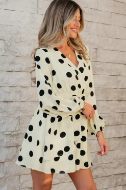 Clearance Dear-Lover Polka Dot Printed Surplice V Neck Puff Sleeve Mini Dress Beige