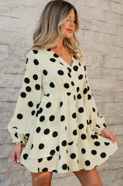 Clearance Dear-Lover Polka Dot Printed Surplice V Neck Puff Sleeve Mini Dress Beige