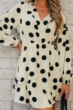 Clearance Dear-Lover Polka Dot Printed Surplice V Neck Puff Sleeve Mini Dress Beige