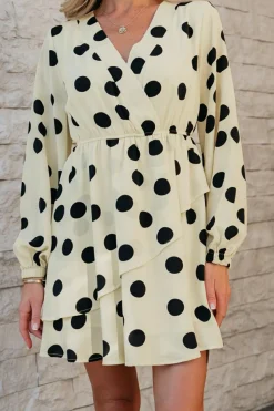 Clearance Dear-Lover Polka Dot Printed Surplice V Neck Puff Sleeve Mini Dress Beige