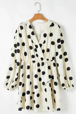 Clearance Dear-Lover Polka Dot Printed Surplice V Neck Puff Sleeve Mini Dress Beige