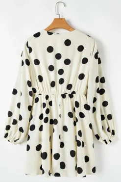 Clearance Dear-Lover Polka Dot Printed Surplice V Neck Puff Sleeve Mini Dress Beige