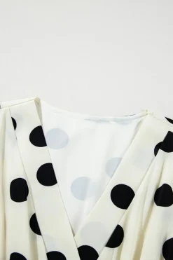 Clearance Dear-Lover Polka Dot Printed Surplice V Neck Puff Sleeve Mini Dress Beige