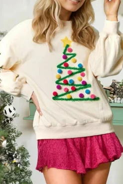 Clearance Dear-Lover Pom-Pom Christmas Tree Pattern O Neck Sweatshirt Beige