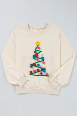 Clearance Dear-Lover Pom-Pom Christmas Tree Pattern O Neck Sweatshirt Beige