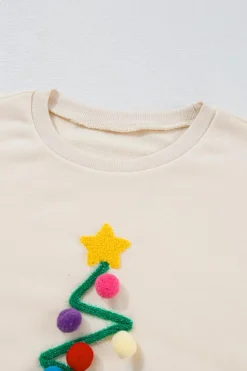 Clearance Dear-Lover Pom-Pom Christmas Tree Pattern O Neck Sweatshirt Beige