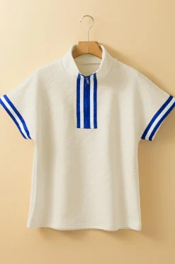 New Dear-Lover Preppy Striped Trim Textured Quarter Zipper Colorblock Short Sleeve Top Beige