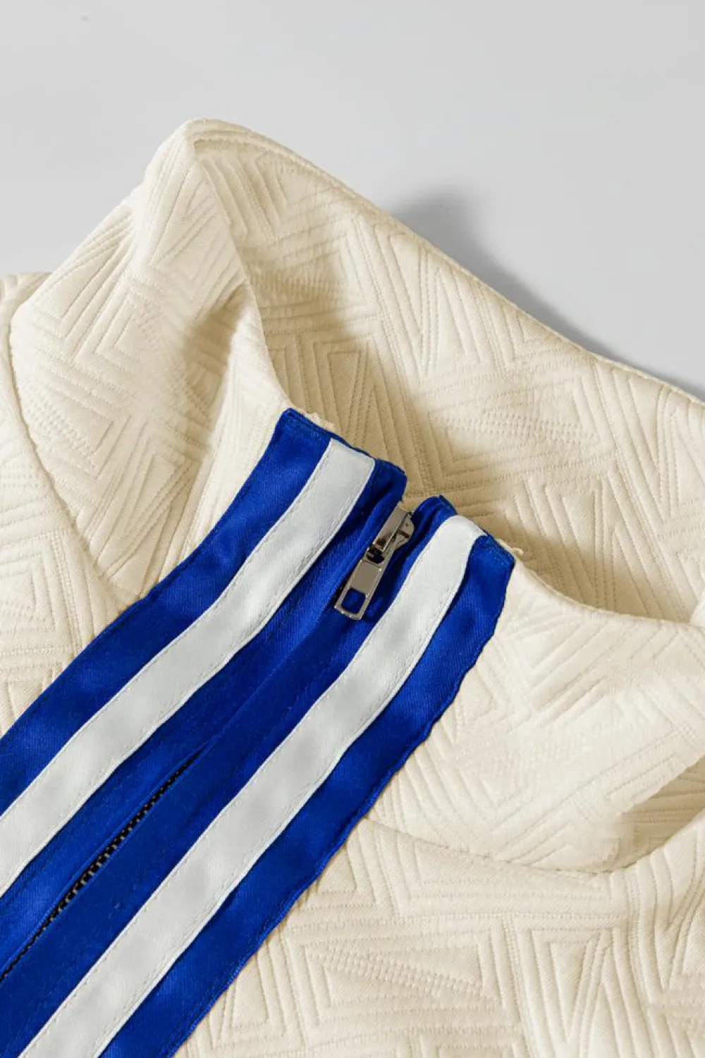 New Dear-Lover Preppy Striped Trim Textured Quarter Zipper Colorblock Short Sleeve Top Beige