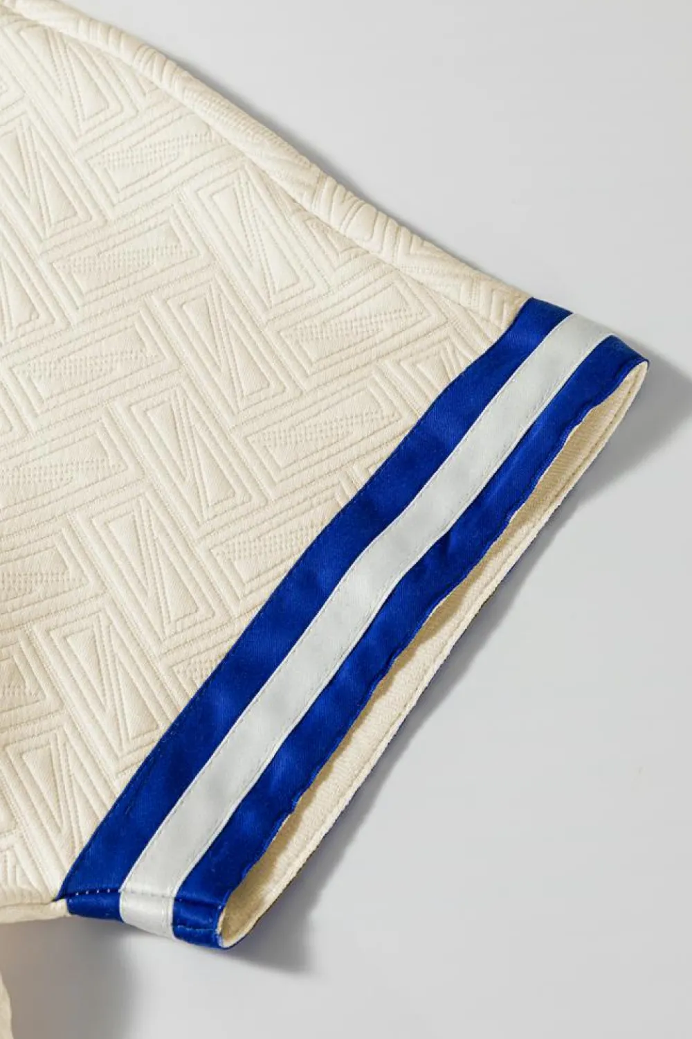 New Dear-Lover Preppy Striped Trim Textured Quarter Zipper Colorblock Short Sleeve Top Beige