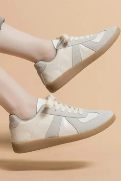 Hot Dear-Lover PU Leather Suede Patched Lace-up Flat Shoes Beige