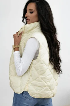 Hot Dear-Lover Quilted High Neck Button Up Pocket Vest Coat Beige