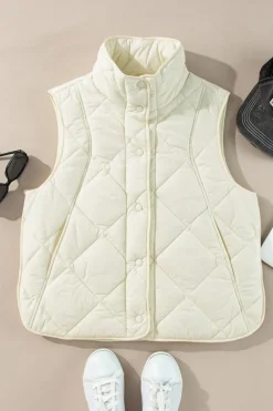Hot Dear-Lover Quilted High Neck Button Up Pocket Vest Coat Beige
