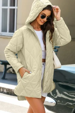 Best Dear-Lover Quilted Snap Button Hooded Coat Beige