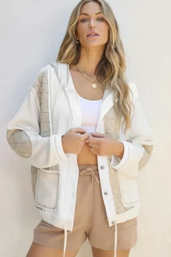 Hot Dear-Lover Quilted Textured Patchwork Loose Fit Hooded Jacket Beige