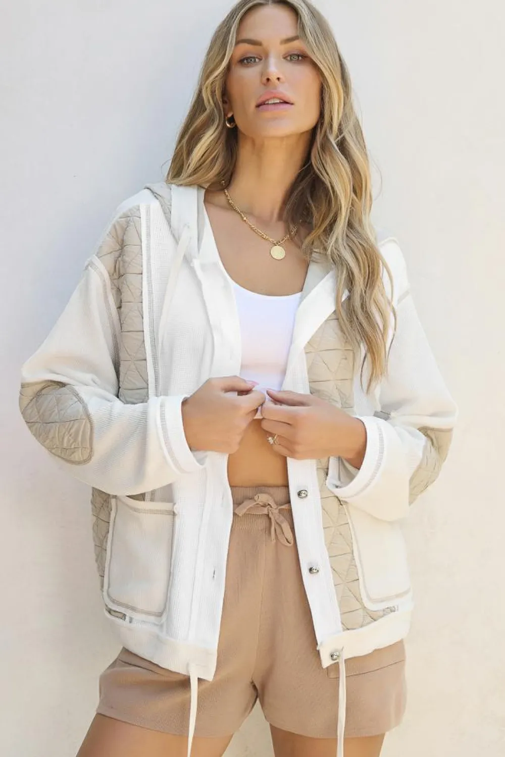 Hot Dear-Lover Quilted Textured Patchwork Loose Fit Hooded Jacket Beige
