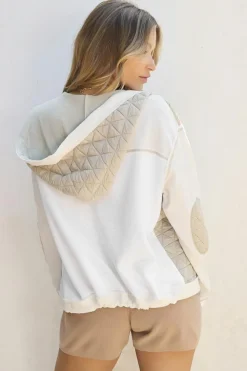 Hot Dear-Lover Quilted Textured Patchwork Loose Fit Hooded Jacket Beige