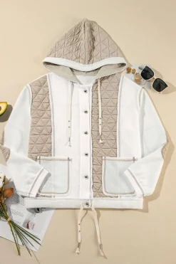 Hot Dear-Lover Quilted Textured Patchwork Loose Fit Hooded Jacket Beige