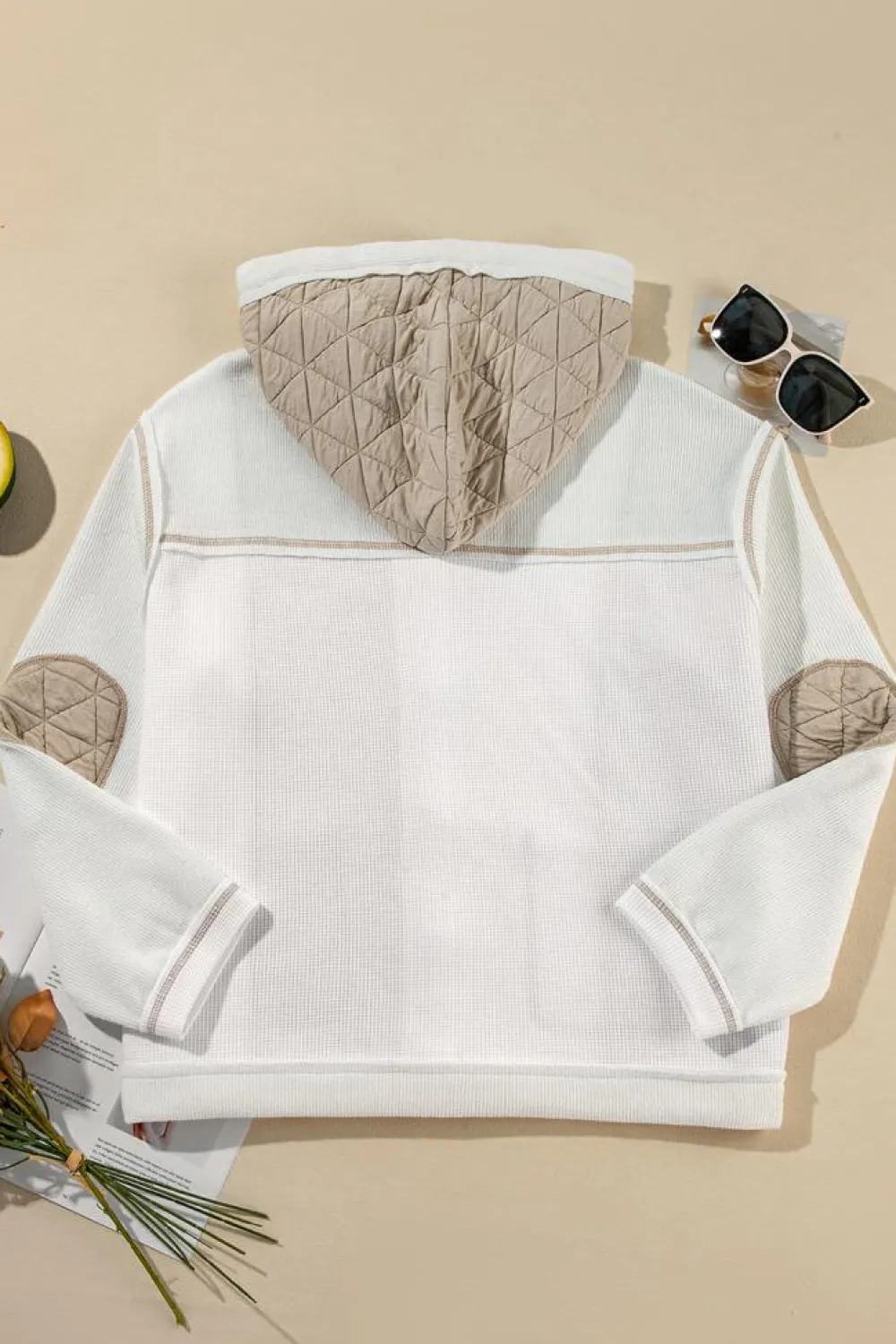 Hot Dear-Lover Quilted Textured Patchwork Loose Fit Hooded Jacket Beige