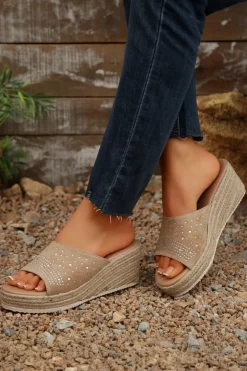 New Dear-Lover Rhinestone Decor Suede Slip On Wedge Slippers Beige