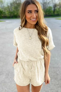 Outlet Dear-Lover Ribbed Elastic Waist Romper Beige
