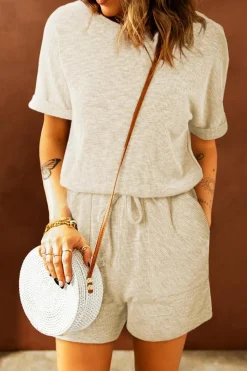 Outlet Dear-Lover Ribbed Elastic Waist Romper Beige