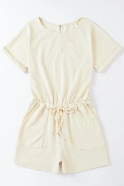 Outlet Dear-Lover Ribbed Elastic Waist Romper Beige