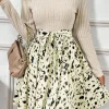 Online Dear-Lover Ribbed Knit Patchwork Printed Belted A-line Dress Beige