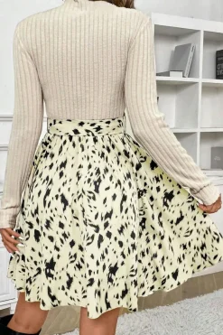 Online Dear-Lover Ribbed Knit Patchwork Printed Belted A-line Dress Beige