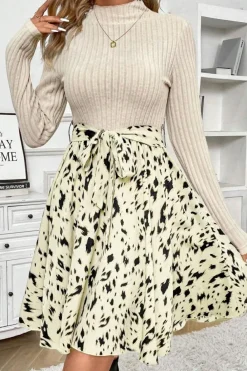 Online Dear-Lover Ribbed Knit Patchwork Printed Belted A-line Dress Beige