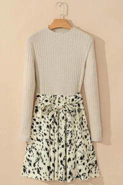 Online Dear-Lover Ribbed Knit Patchwork Printed Belted A-line Dress Beige