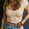 Clearance Dear-Lover Ribbed Knit U Neck Crop Top Beige