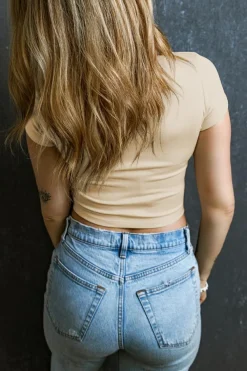 Clearance Dear-Lover Ribbed Knit U Neck Crop Top Beige