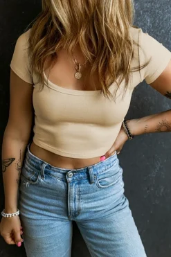 Clearance Dear-Lover Ribbed Knit U Neck Crop Top Beige