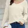 Fashion Dear-Lover Ribbed Knit V Neck Sweater Beige
