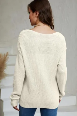 Fashion Dear-Lover Ribbed Knit V Neck Sweater Beige
