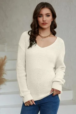 Fashion Dear-Lover Ribbed Knit V Neck Sweater Beige