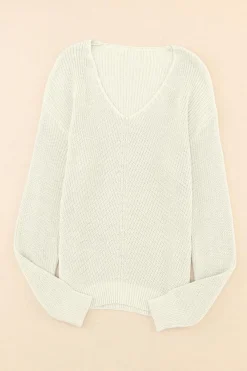 Fashion Dear-Lover Ribbed Knit V Neck Sweater Beige